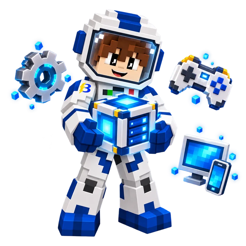 Astronauta BedHosting com um servidor Minecraft azul, engrenagem, controle, computador e celular