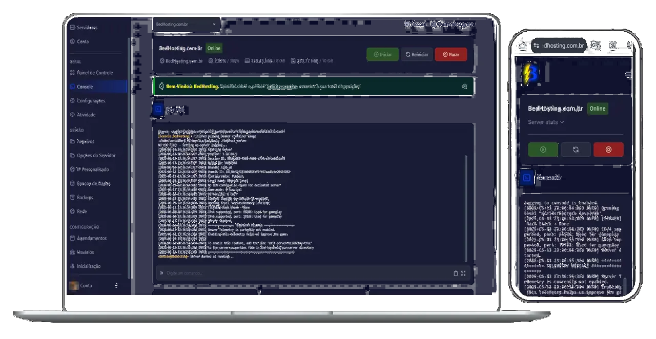 Painel BedHosting com console, arquivos e controles do servidor no computador e no celular