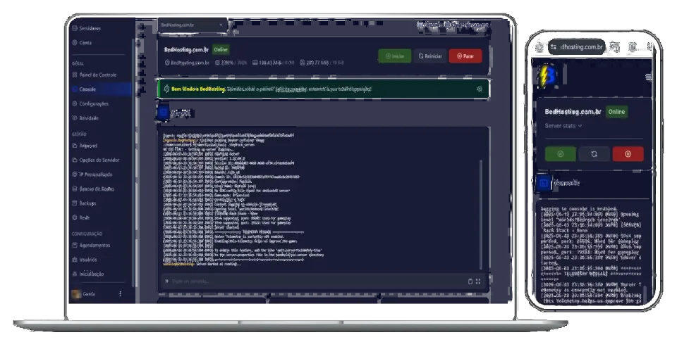 Painel BedHosting para acompanhar o console e gerenciar o servidor