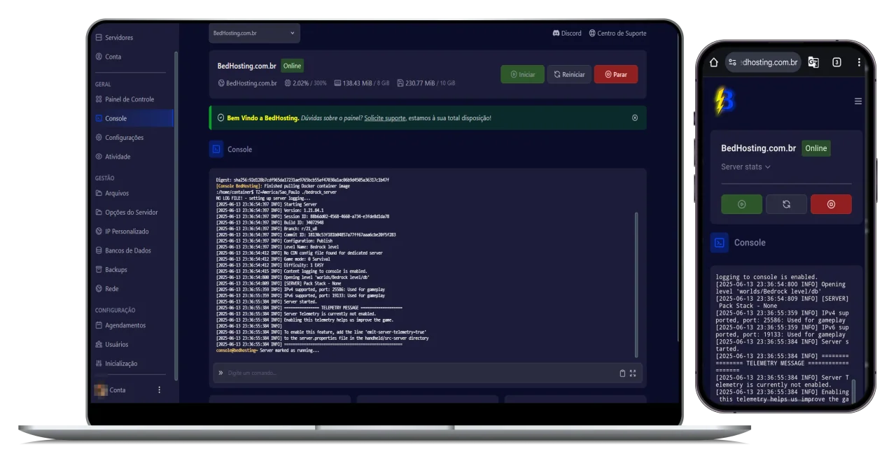 Painel BedHosting com console e gerenciamento de servidor no computador e no celular