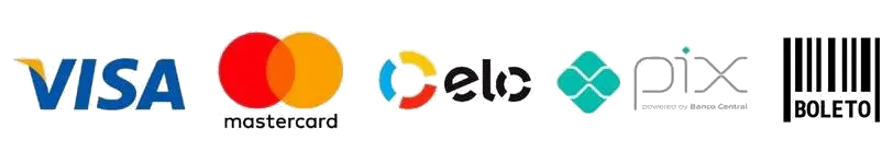 Formas de pagamento: Visa, Mastercard, Elo, PIX, Boleto