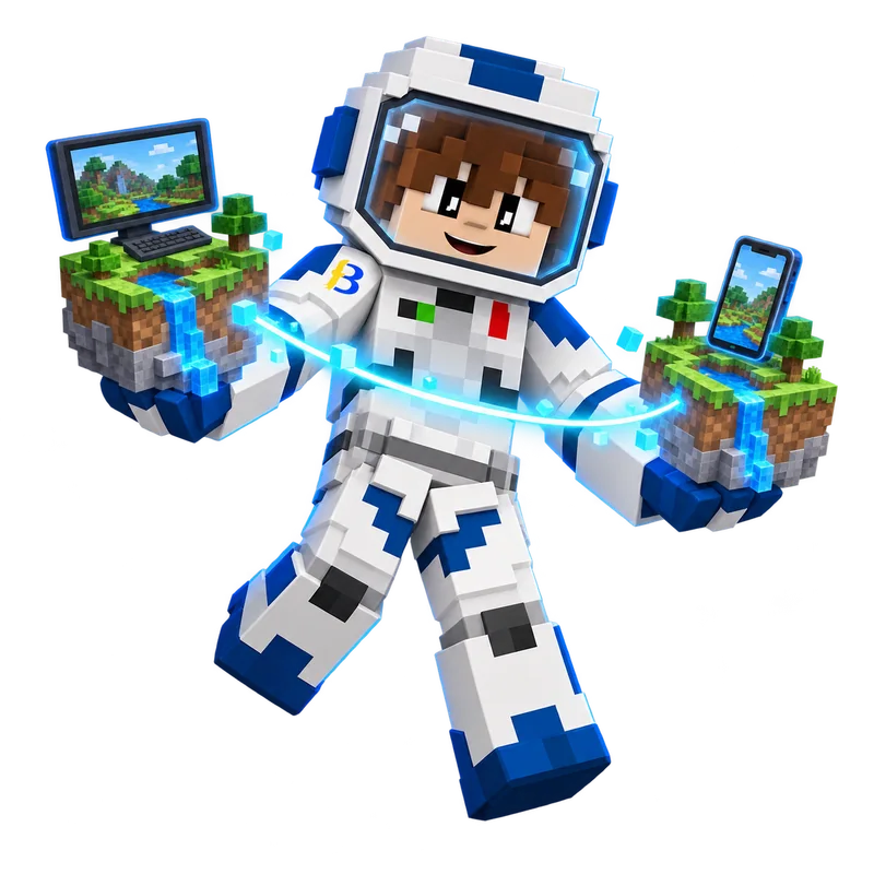 Astronauta BedHosting conectando mundos Minecraft de computador e celular