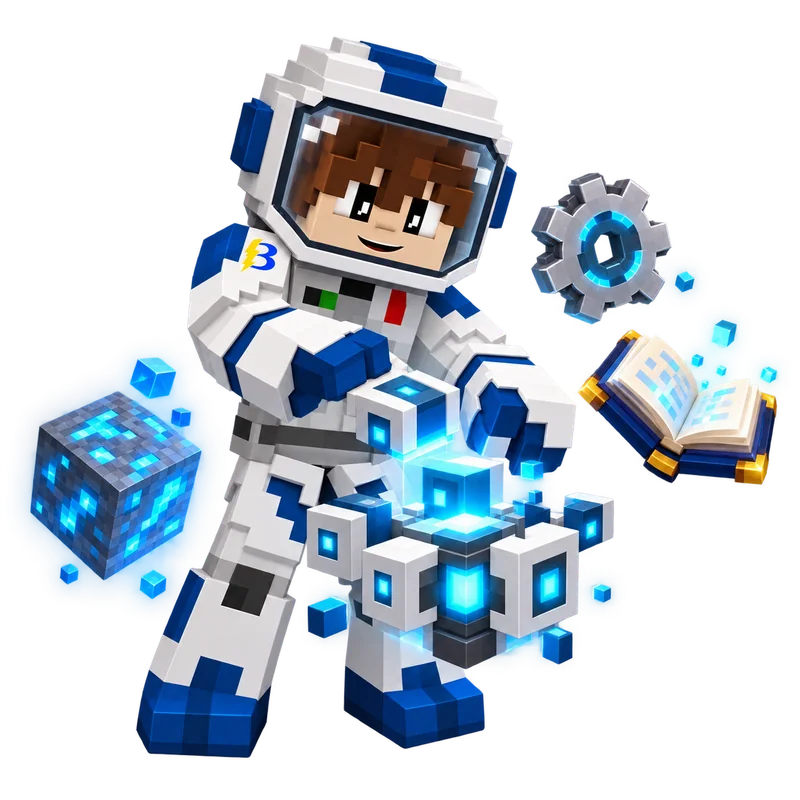 Astronauta BedHosting montando blocos tecnológicos, com minério, engrenagem e livro de magia